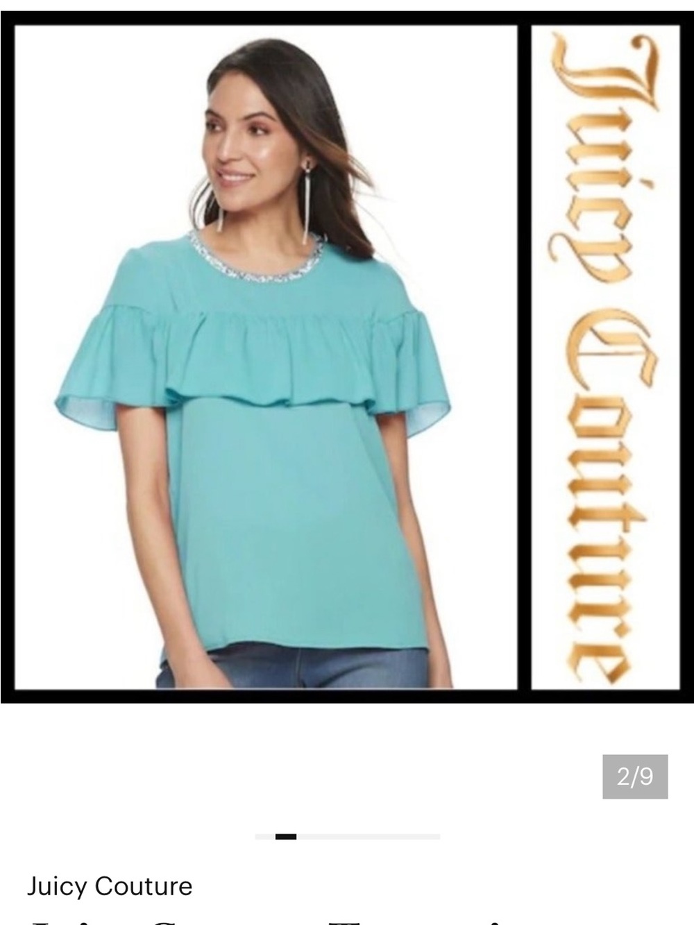 Juicy Couture Turquoise Chiffon Blouse Ruffle Beaded Embellished Collar Sz L